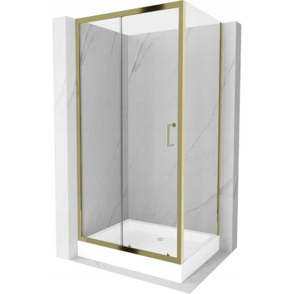 Mexen Apia, sprchový kút s posuvnými dverami 120 (dvere) x 80 (stena) cm, 6mm číre sklo, zlatý profil + biela sprchová vanička RIO, 840-120-080-50-00-4510