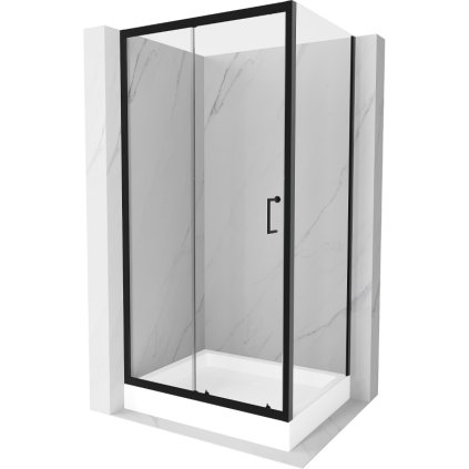 Mexen Apia, sprchový kút s posuvnými dverami 120 (dvere) x 90 (stena) cm, 6mm číre sklo, čierny profil + biela sprchová vanička RIO, 840-120-090-70-00-4510