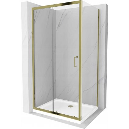 Mexen Apia sprchovací kút s posuvnými dverami 90 (dvere) x 80 (stena) cm, 5mm číre sklo, zlatý profil + biela sprchová vanička SLIM, 840-090-080-50-00-4010G