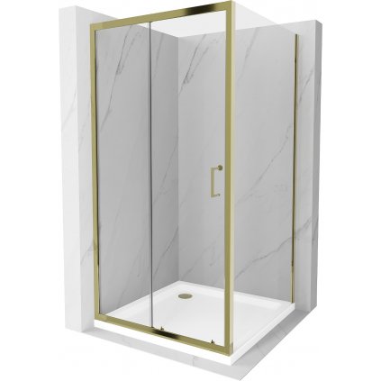 Mexen Apia sprchovací kút s posuvnými dverami 90 (dvere) x 90 (stena) cm, 5mm číre sklo, zlatý profil + biela sprchová vanička SLIM, 840-090-090-50-00-4010G