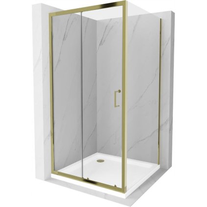 Mexen Apia, sprchový kút s posuvnými dverami 100 (dvere) x 100 (stena) cm, 6mm číre sklo, zlatý profil + biela sprchová vanička SLIM, 840-100-100-50-00-4010G