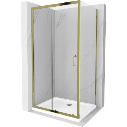Mexen Apia, sprchový kút s posuvnými dverami 140 (dvere) x 70 (stena) cm, 6mm číre sklo, zlatý profil + biela sprchová vanička SLIM, 840-140-070-50-00-4010G