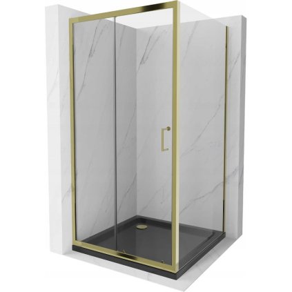 Mexen Apia, sprchový kút s posuvnými dverami 100 (dvere) x 100 (stena) cm, 6mm číre sklo, zlatý profil + čierna sprchová vanička SLIM, 840-100-100-50-00-4070G