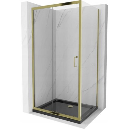Mexen Apia, sprchový kút s posuvnými dverami 130 (dvere) x 100 (stena) cm, 6mm číre sklo, zlatý profil + čierna sprchová vanička SLIM, 840-130-100-50-00-4070G