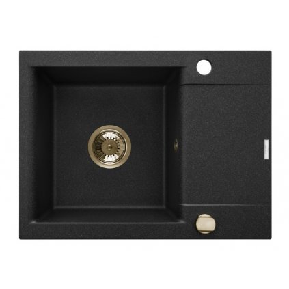 Invena Tesalia, 1-komorový granitový drez s odkvapkávačom 590x440x160 mm a zlatý automatický sifón, INV-AZ-01-Z42-B