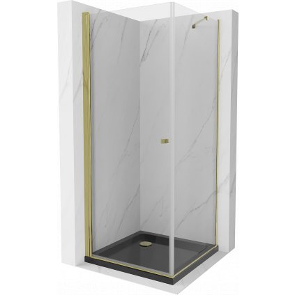 Mexen Pretoria, sprchovací kút 70 (dvere) x 70 (stena) cm, 6mm číre sklo, zlatý profil + čierna sprchová vanička, 852-070-070-50-00-4070G
