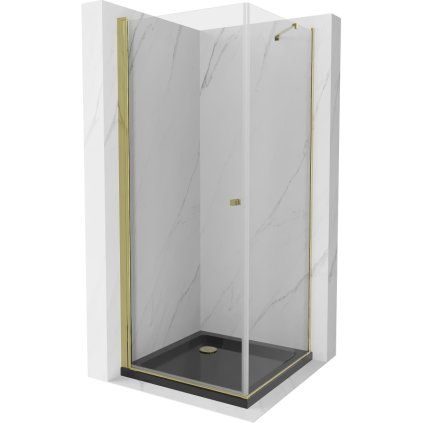 Mexen Pretoria, sprchovací kút 70 (dvere) x 70 (stena) cm, 6mm číre sklo, zlatý profil + čierna sprchová vanička, 852-070-070-50-00-4070G