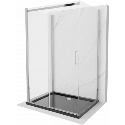 Mexen Omega, 3-stenový sprchovací kút s posuvnými dverami 140 (dvere) x 90 (stena) x 190 cm, 8mm číre sklo, chrómový profil + čierna sprchová vanička SLIM, 825-140-090-01-00-3S-4070