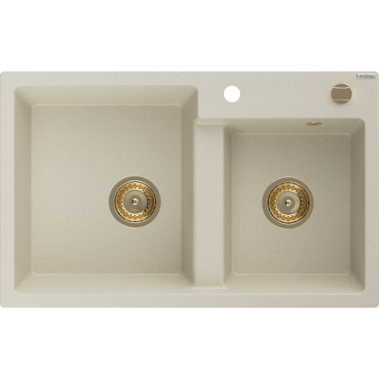 Mexen Tomas, granitový drez 800x500x190 mm, 2-komorový, béžová so zlatým sifónom, 6516802000-69-G