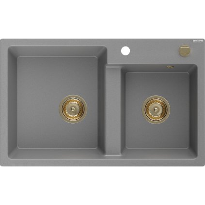 Mexen Tomas, granitový drez 800x500x190 mm, 2-komorový, šedá so zlatým sifónom, 6516802000-71-G
