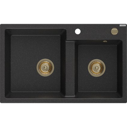 Mexen Tomas, granitový drez 800x500x190 mm, 2-komorový, čierna-strieborná metalíza so zlatým sifónom, 6516802000-73-G