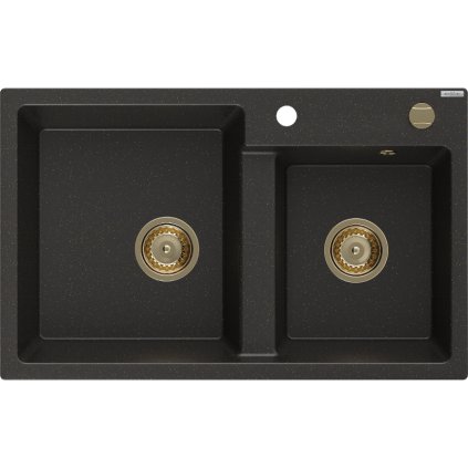 Mexen Tomas, granitový drez 800x500x190 mm, 2-komorový, čierna-zlatá metalíza so zlatým sifónom, 6516802000-75-G