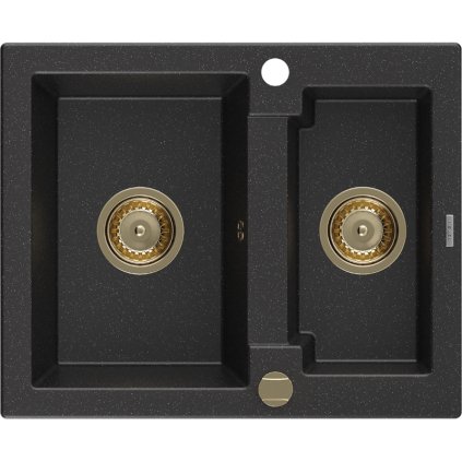 Mexen Carlos, granitový drez 582x475x177 mm, 1,5-komorový, čierna-strieborná metalíza so zlatým sifónom, 6518581500-73-G