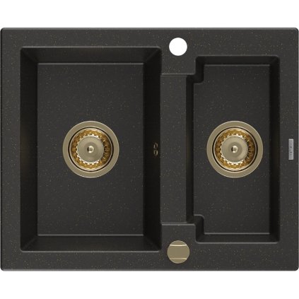 Mexen Carlos, granitový drez 582x475x177 mm, 1,5-komorový, čierna-zlatá metalíza so zlatým sifónom, 6518581500-75-G