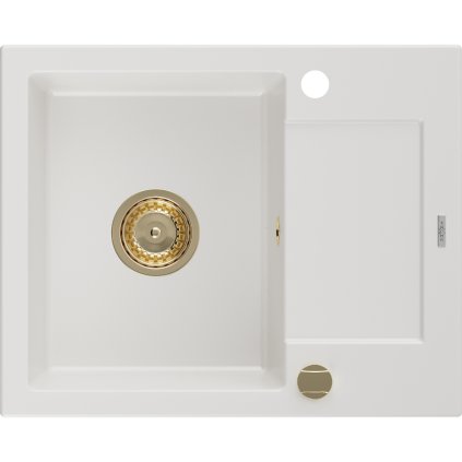 Mexen Enzo, granitový drez 576x465x174 mm, 1-komorový, biela so zlatým sifónom, 6506571005-20-G