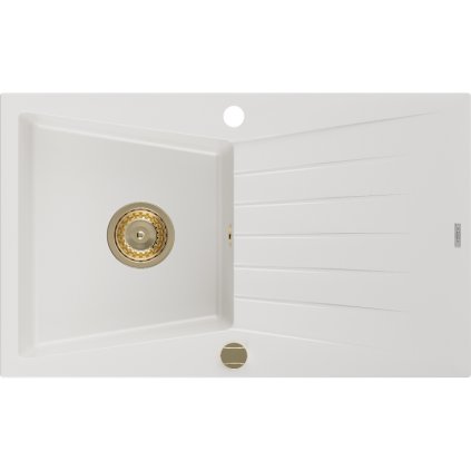 Mexen Cesar, granitový drez 775x470x190 mm, 1-komorový, biela so zlatým sifónom, 6514771010-20-G