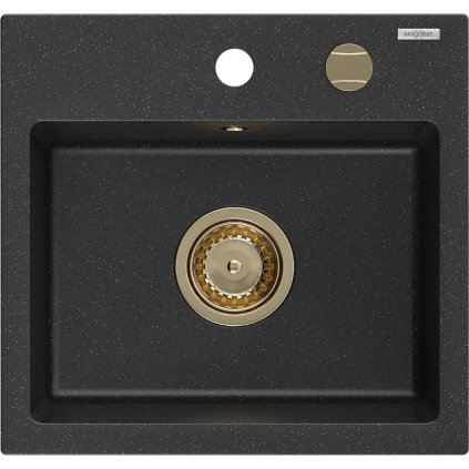 Mexen Milo, granitový drez 435x410x171 mm, 1-komorový, čierna-strieborná metalíza so zlatým sifónom, 6505441000-73-G
