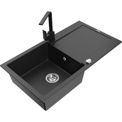 Mexen Leo, drez granitový 900x500x190 mm, 1-komorový, čierna - strieborná metalíza s chrómovým sifónom a čierna drezová batéria Rita, 6501-73-670300-70