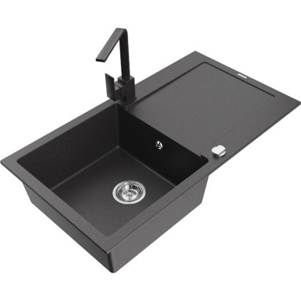 Mexen Leo, drez granitový 900x500x190 mm, 1-komorový, čierna škvrnitá s chrómovým sifónom a čierna škvrnitá drezová batéria Rita, 6501-76-670300-76