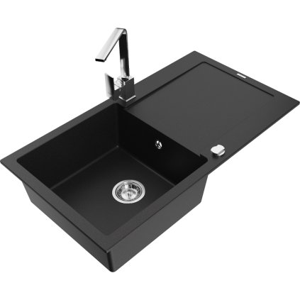 Mexen Leo, drez granitový 900x500x190 mm, 1-komorový, čierna s chrómovým sifónom a chrómová drezová batéria Rita, 6501-77-670300-00