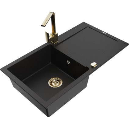 Mexen Leo, drez granitový 900x500x190 mm, 1-komorový, čierna so zlatým sifónom a zlatá drezová batéria Rita, 6501-77-670300-50