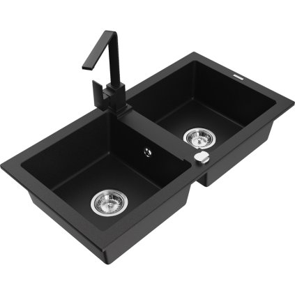 Mexen Mario, granitový drez 820x436x161 mm, 2-komorový, čierna s chrómovým sifónom a čierna drezová batéria Rita, 6504-77-670300-70