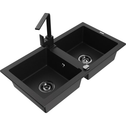 Mexen Mario, granitový drez 820x436x161 mm, 2-komorový, čierna s čiernym sifónom a čierna drezová batéria Rita, 6504-77-670300-70-B