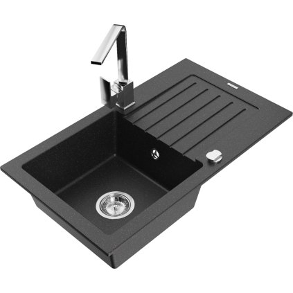 Mexen Pablo, granitový drez 752x436x161 mm, 1-komorový a chrómová batéria Rita, čierna-strieborná metalíza, 6510-73-670300-00
