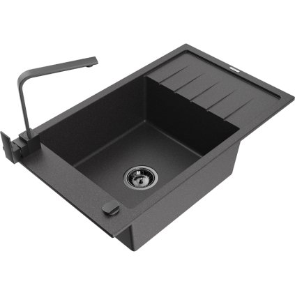 Mexen Elias, granitový drez granitový 795x480x200 mm, 1-komorový, čierna škvrnitá s čiernym sifónom a čierna drezová batéria Rita, 6511-76-670300-70-B