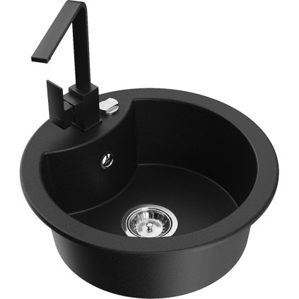 Mexen Diego, 1-komorový granitový drez 488x488x167 mm, chrómový sifón, čierna matná batéria Rita, čierna, 6512-77-670300-70