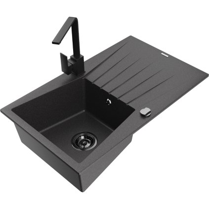 Mexen Cesar, granitový drez 775x470x190 mm, 1-komorový, čierna škvrnitá s čiernym sifónom a čierna drezová batéria Rita, 6514-76-670300-70-B