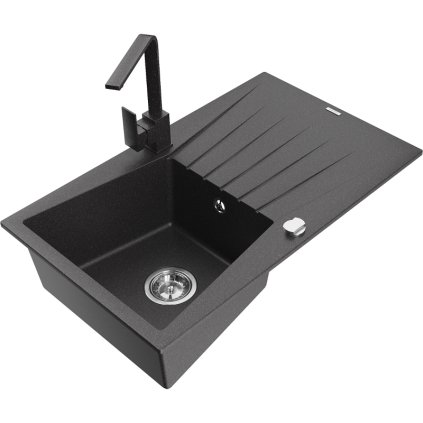 Mexen Cesar, granitový drez 775x470x190 mm, 1-komorový, čierna škvrnitá s chrómovým sifónom a čierna škvrnitá drezová batéria Rita, 6514-76-670300-76