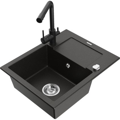 Mexen Enzo, granitový drez 576x465x174 mm, 1-komorový, čierna matná batéria Duero, čierna - zlatá metalíza, 6506-75-671600-70
