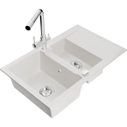 Mexen Gaspar, granitový drez 737x475x177 mm, 1,5-komorový, chrómová batéria Duero, biela, 6507-20-671600-00