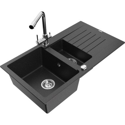 Mexen Matias, granitový drez 900x505x200 mm, 1,5-komorový a chrómová batéria Duero, čierna-strieborná metalíza, 6502-73-671600-00