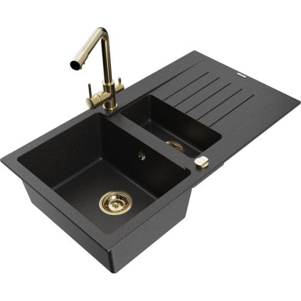 Mexen Matias, granitový drez 900x505x200 mm, 1,5-komorový a zlatá batéria Duero, čierna-strieborná metalíza, 6502-73-671600-50