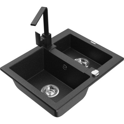 Mexen Carlos, 1,5-komorový granitový drez s odkvapkávačom 582x475x177 mm a čierna kuchynská batéria Rita, čierna - strieborná metalíza, 6518-73-670300-70