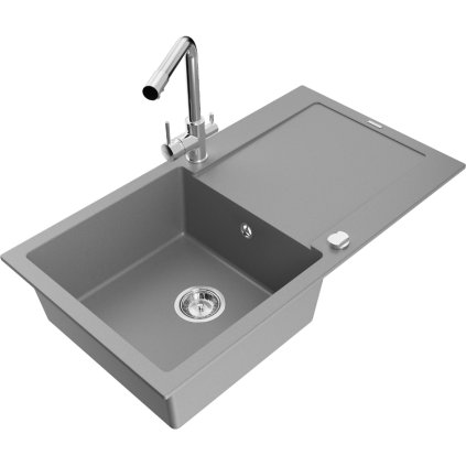Mexen Leo, drez granitový 900x500x190 mm, 1-komorový a chrómová batéria Duero, šedá, 6501-71-671600-00