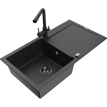 Mexen Leo, drez granitový 900x500x190 mm, 1-komorový a čierna batéria Duero, čierna-strieborná metalíza, 6501-73-671600-70-B