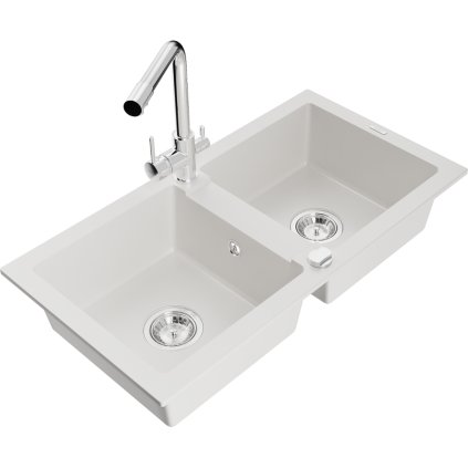 Mexen Mario, 2-komorový granitový drez 820x436x161 mm a chrómová drezová batéria Duero, biela, 6504-20-671600-00