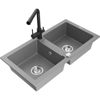 Mexen Mario, 2-komorový granitový drez 820x436x161 mm a čierna drezová batéria Duero, šedá, 6504-71-671600-70