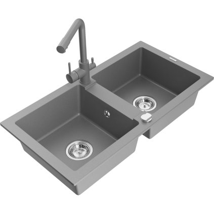 Mexen Mario, 2-komorový granitový drez 820x436x161 mm a šedá drezová batéria Duero, šedá, 6504-71-671600-71