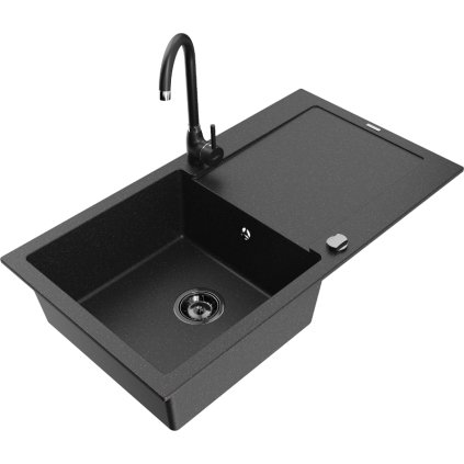 Mexen Leo, drez granitový 900x500x190 mm, 1-komorový a čierna batéria Telma, čierna-strieborná metalíza, 6501-73-670200-70-B