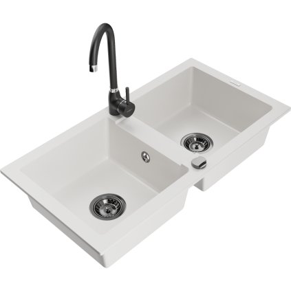 Mexen Mario, 2-komorový granitový drez 820x436x161 mm a čierna drezová batéria Telma, biela, 6504-20-670200-70