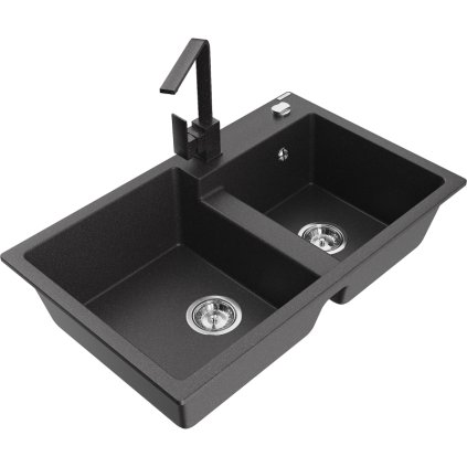 Mexen Tomas, granitový drez 800x500x190 mm, 2-komorový a čierna škvrnitá batéria Rita, čierna škvrnitá, 6516-76-670300-76