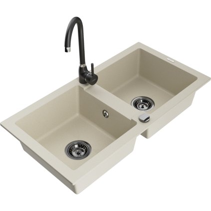 Mexen Mario, 2-komorový granitový drez 820x436x161 mm a čierna drezová batéria Telma, béžová, 6504-69-670200-70