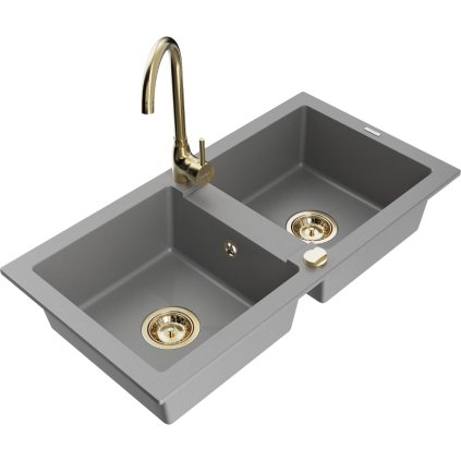 Mexen Mario, 2-komorový granitový drez 820x436x161 mm a zlatá lesklá drezová batéria Telma, šedá, 6504-71-670200-50