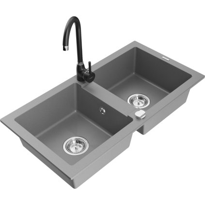 Mexen Mario, 2-komorový granitový drez 820x436x161 mm a čierna drezová batéria Telma, šedá, 6504-71-670200-70