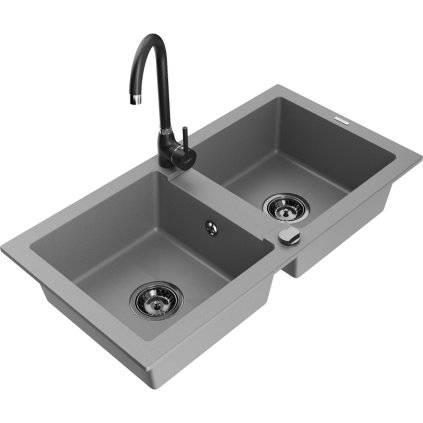 Mexen Mario, 2-komorový granitový drez 820x436x161 mm a čierna drezová batéria Telma, šedá, 6504-71-670200-70-B