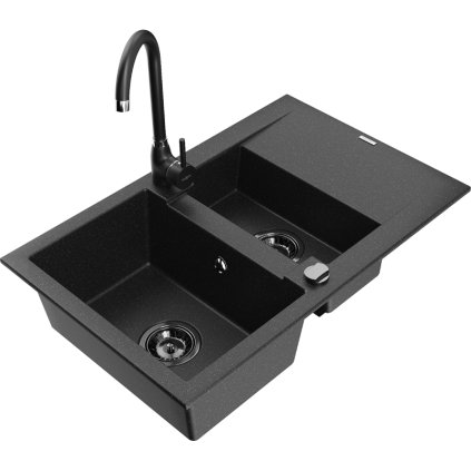 Mexen Gaspar, granitový drez 737x475x177 mm, 1,5-komorový a čierna batéria Telma, čierna-strieborná metalíza, 6507-73-670200-70-B